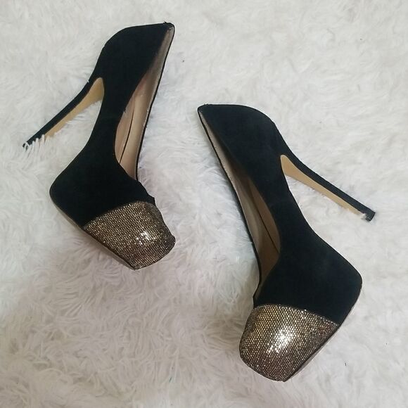 Steve Madden Black Suede Heels W Gold Tip size 10 - Picture 7 of 10